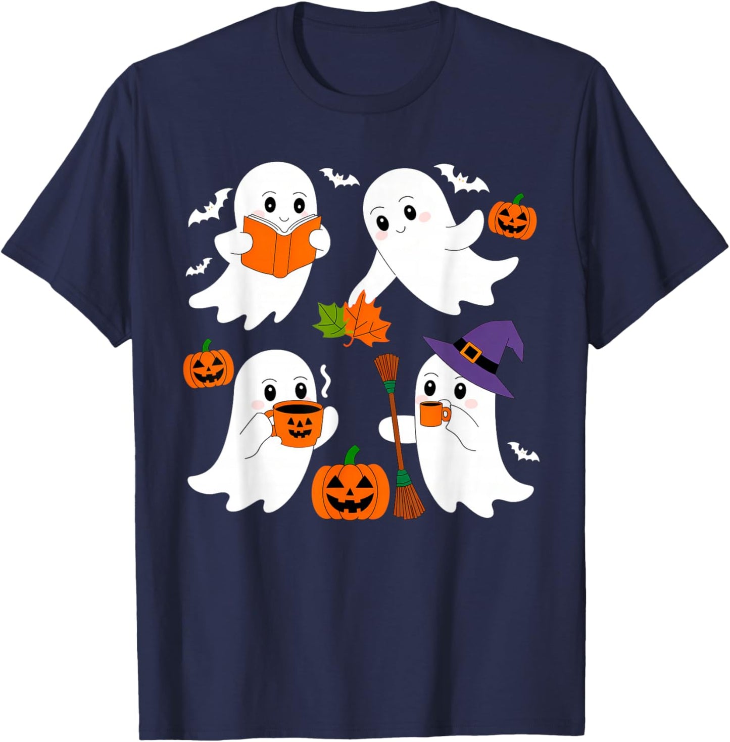 Cute Ghost Drinking Coffee Halloween Fall Ghost Book Reading T-Shirt - T-Shirt | Navy