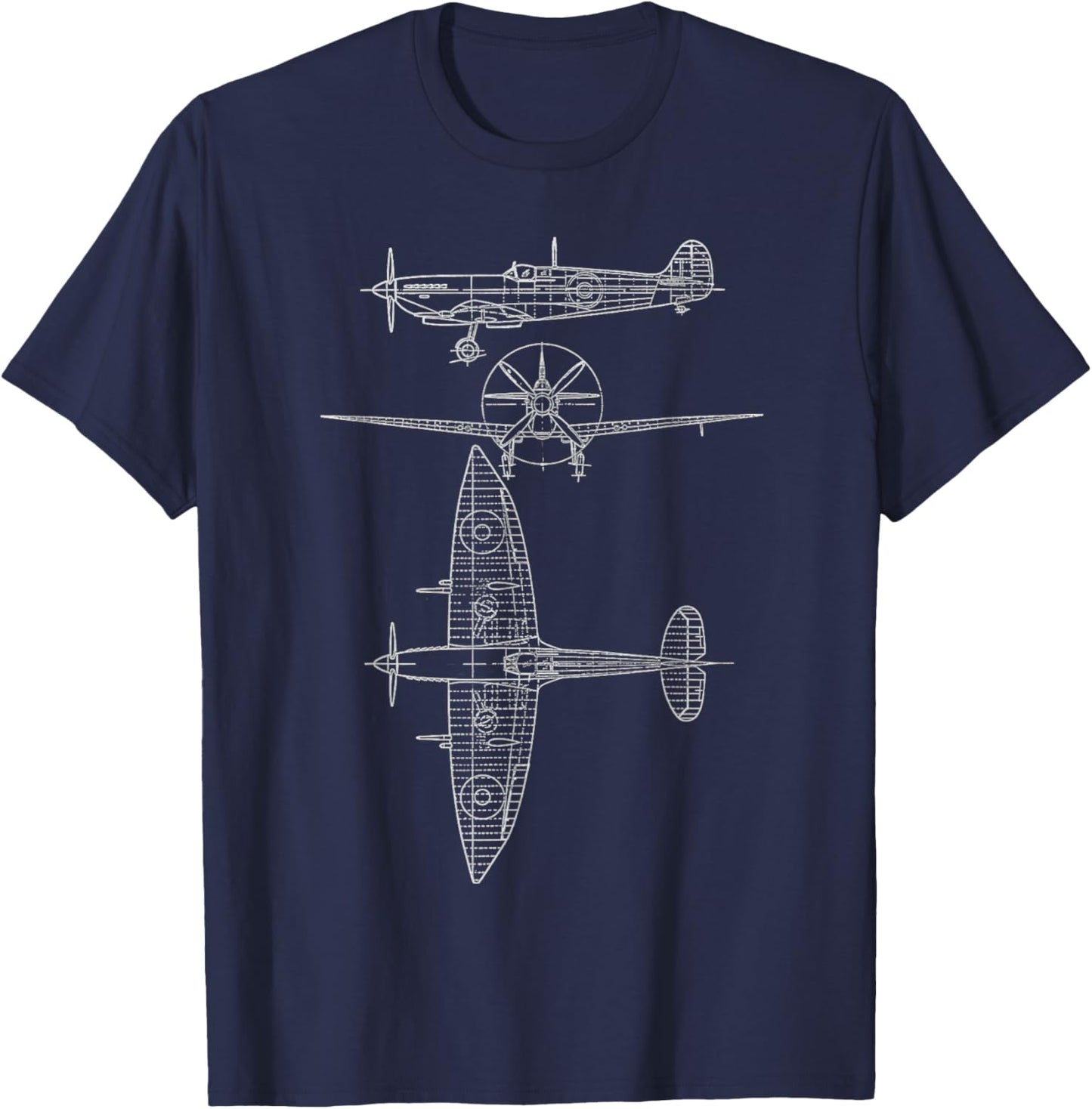Spitfire Iconic British Airplane Blueprint Design T-Shirt - T-Shirt | Navy