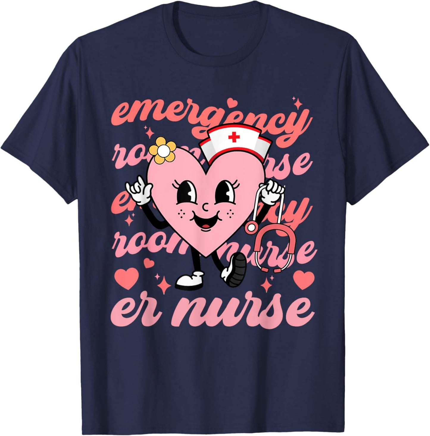 Retro Emergency Room Nurse Valentines Day Hearts Stethoscope T-Shirt - T-Shirt | Navy