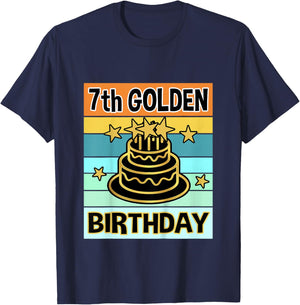 Kids 7th Golden Birthday Shirt My Birthday Golden Boys Girls T-Shirt - T-Shirt | Navy