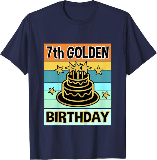 Kids 7th Golden Birthday Shirt My Birthday Golden Boys Girls T-Shirt - T-Shirt | Navy