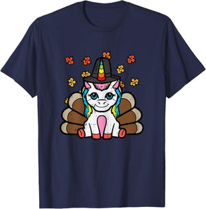 Thanksgiving Unicorn Turkey Fall Girls Kids Toddler Women T-Shirt - T-Shirt | Navy