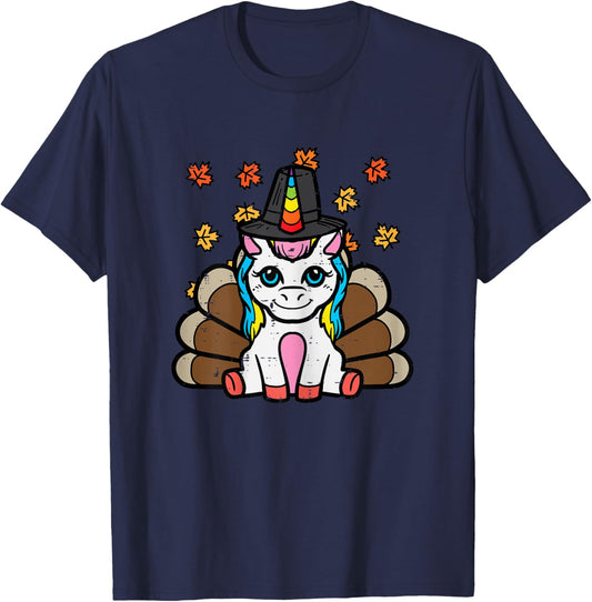 Thanksgiving Unicorn Turkey Fall Girls Kids Toddler Women T-Shirt - T-Shirt | Navy