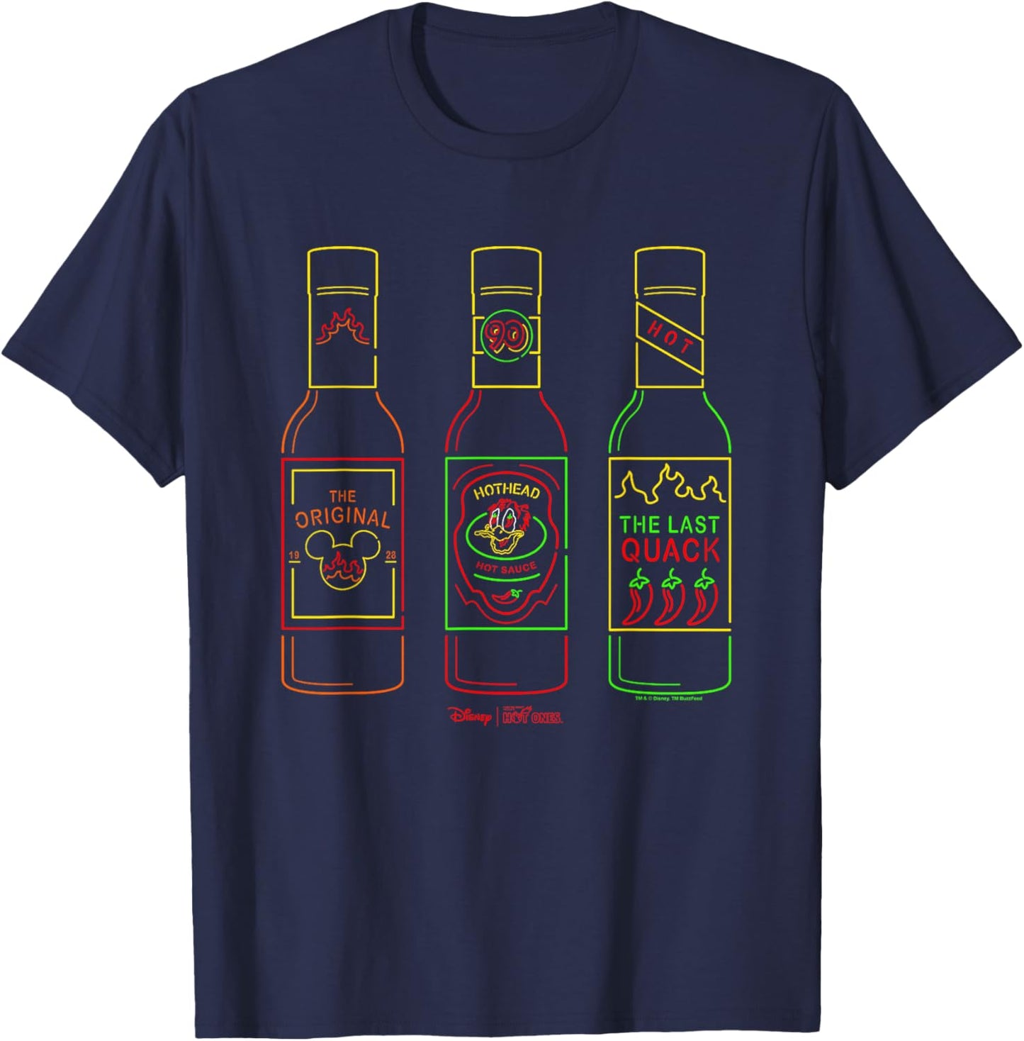 Disney Hot Ones Donald Duck Sauces Lineup Retro Neon Outline T-Shirt - T-Shirt | Navy