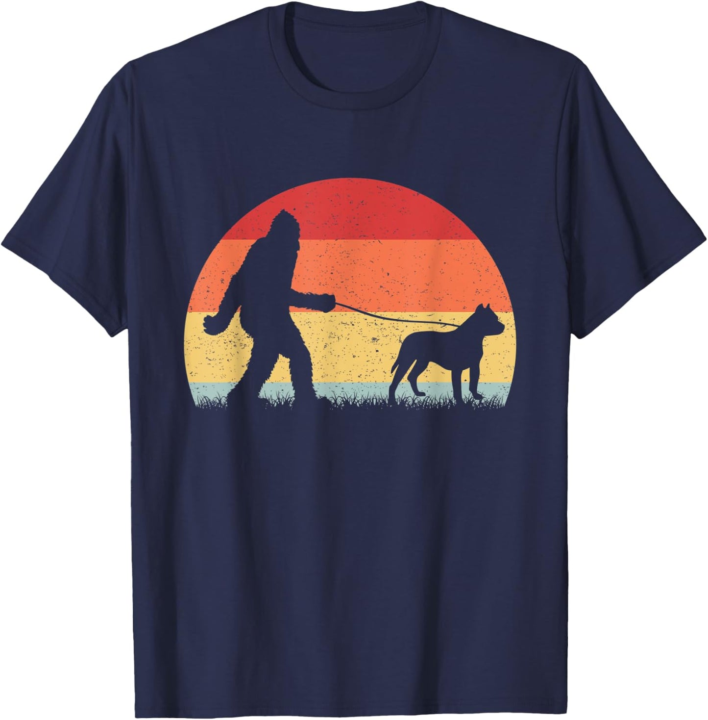 Vintage Bigfoot Walking Pit bull Dog Sasquatch Funny Gifts T-Shirt - T-Shirt | Navy