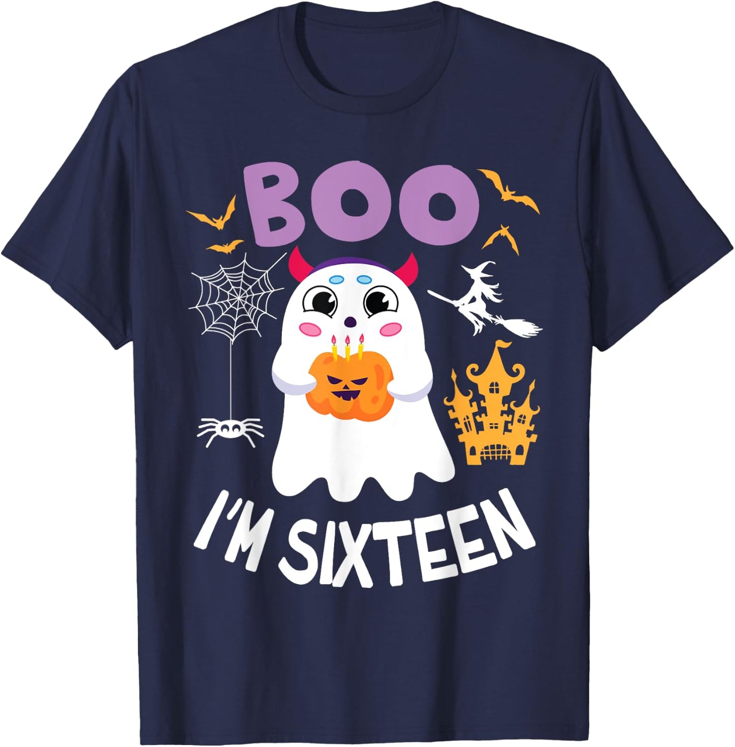 Ghost Hold Pumpkin Birthday Candles BOO I'm Sixteen Years T-Shirt - T-Shirt | Navy