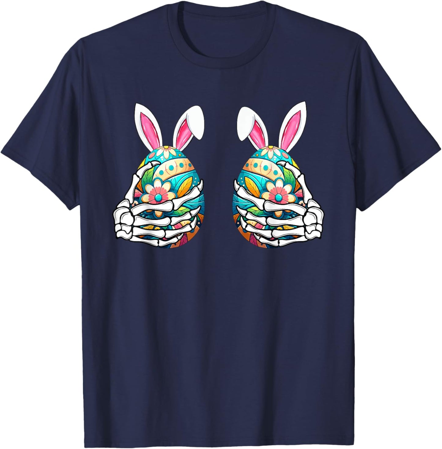 Two Skeleton Hands Holding Colourful Eggs Funny Easter Day T-Shirt - T-Shirt | Navy