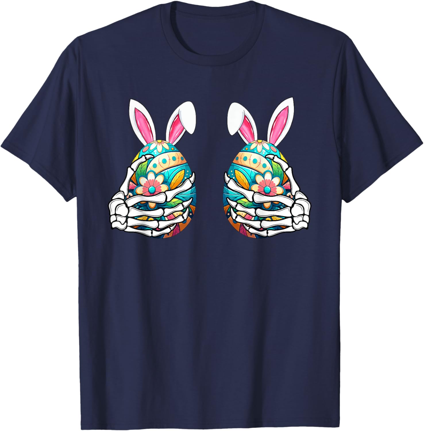 Two Skeleton Hands Holding Colourful Eggs Funny Easter Day T-Shirt - T-Shirt | Navy