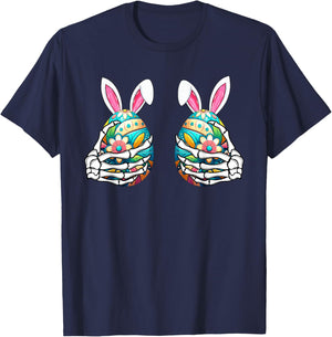 Two Skeleton Hands Holding Colourful Eggs Funny Easter Day T-Shirt - T-Shirt | Navy