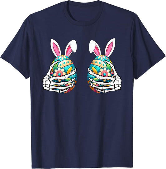 Two Skeleton Hands Holding Colourful Eggs Funny Easter Day T-Shirt - T-Shirt | Navy