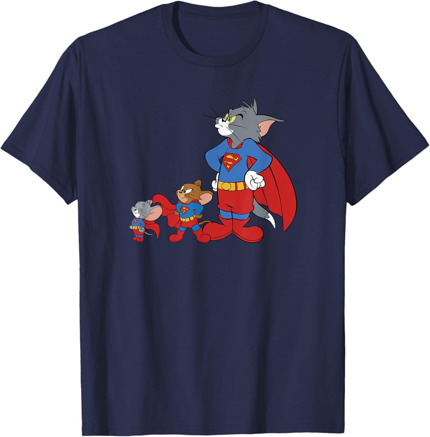WB100 Tom and Jerry Cast with Superman Costume Group Shot T-Shirt - T-Shirt | Navy