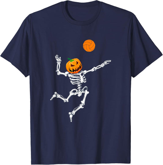 Skeleton Volleyball Halloween Pumpkin T-Shirt - T-Shirt | Navy