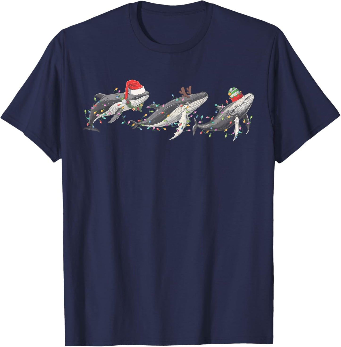 Whale Santa Hat Christmas Lights Reindeer Ocean Whales Lover T-Shirt - T-Shirt | Navy