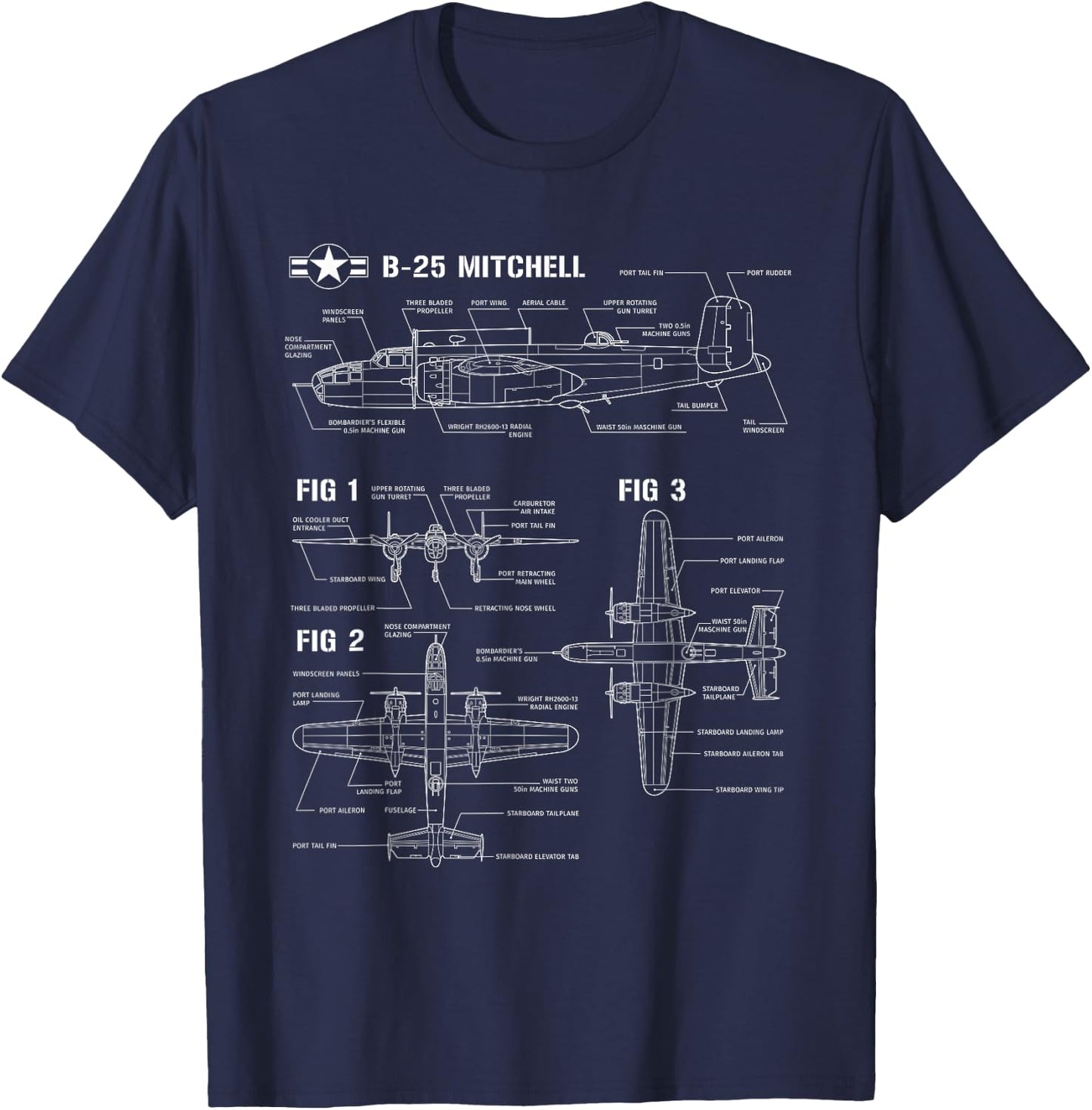 World War 2 American Aircraft B-25 Mitchell Bomber blueprint T-Shirt - T-Shirt | Navy