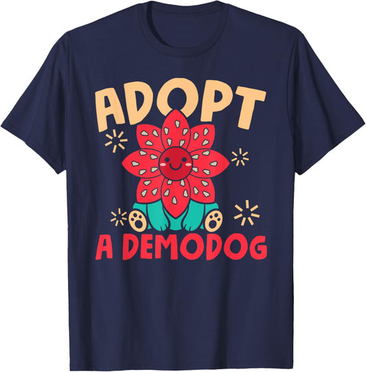 Dog Lover Funny Adopt A Demodog -Adults Black Modern Cartoon T-Shirt - T-Shirt | Navy