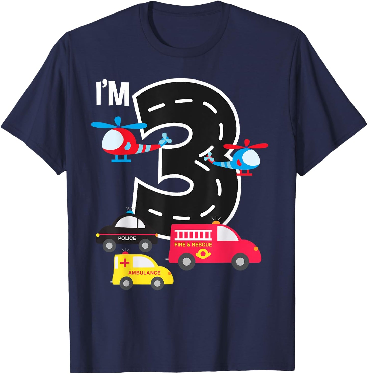 3rd Birthday Fire Truck Police Car Ambulance 3 Year Toddler T-Shirt - T-Shirt | Navy