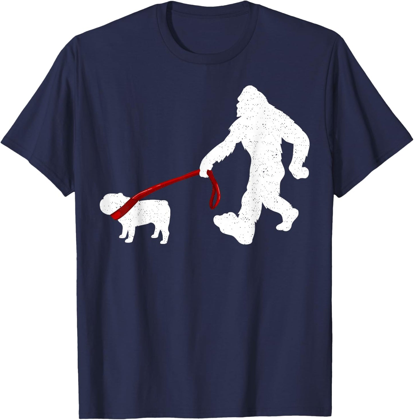 Funny Bigfoot Walking With Bulldog Dog Gifts T-Shirt - T-Shirt | Navy