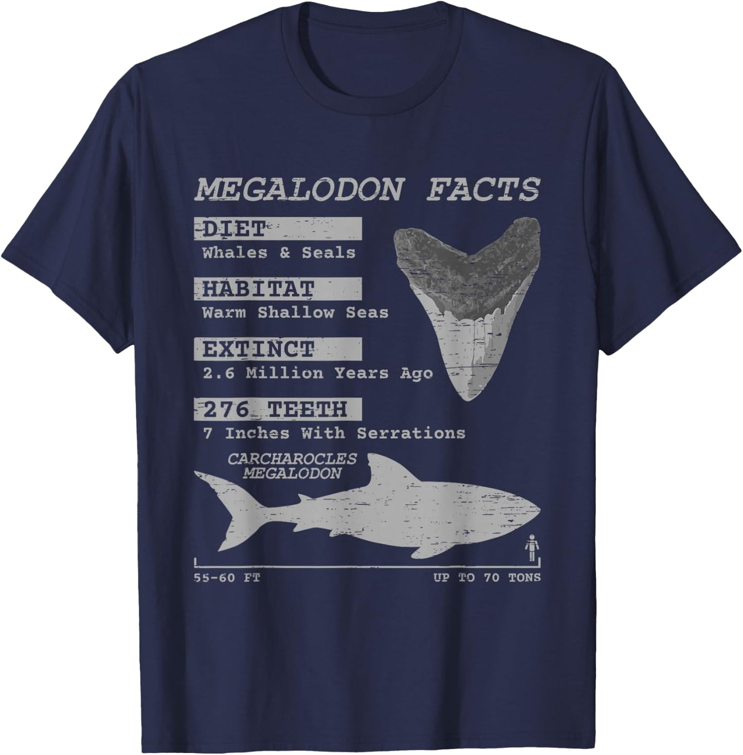 Megalodon Facts Teeth Meg Wildlife Sharks Deep Sea Creature T-Shirt - T-Shirt | Navy