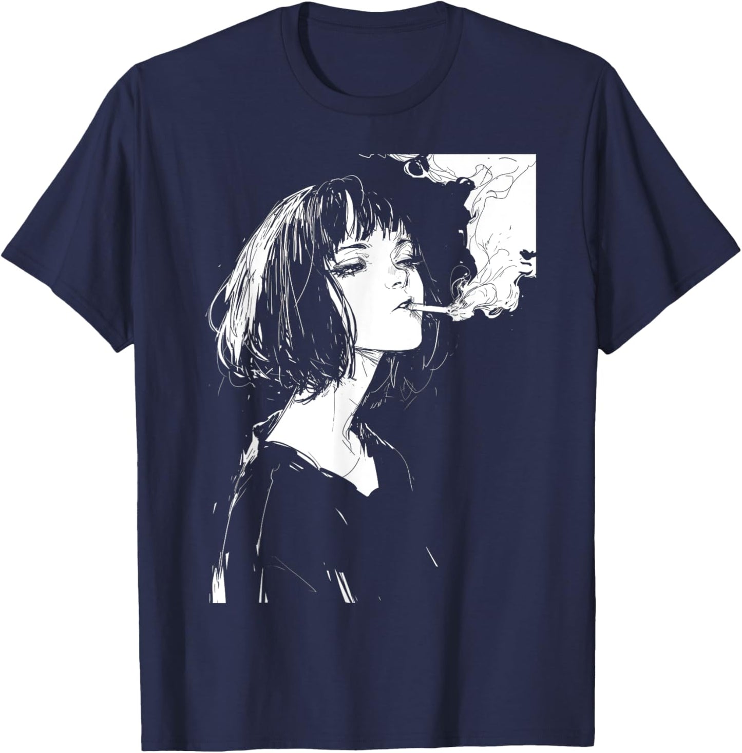 Soft Grunge Kawaii Anime Girl Smoking Waifu Otaku Japanese T-Shirt - T-Shirt | Navy