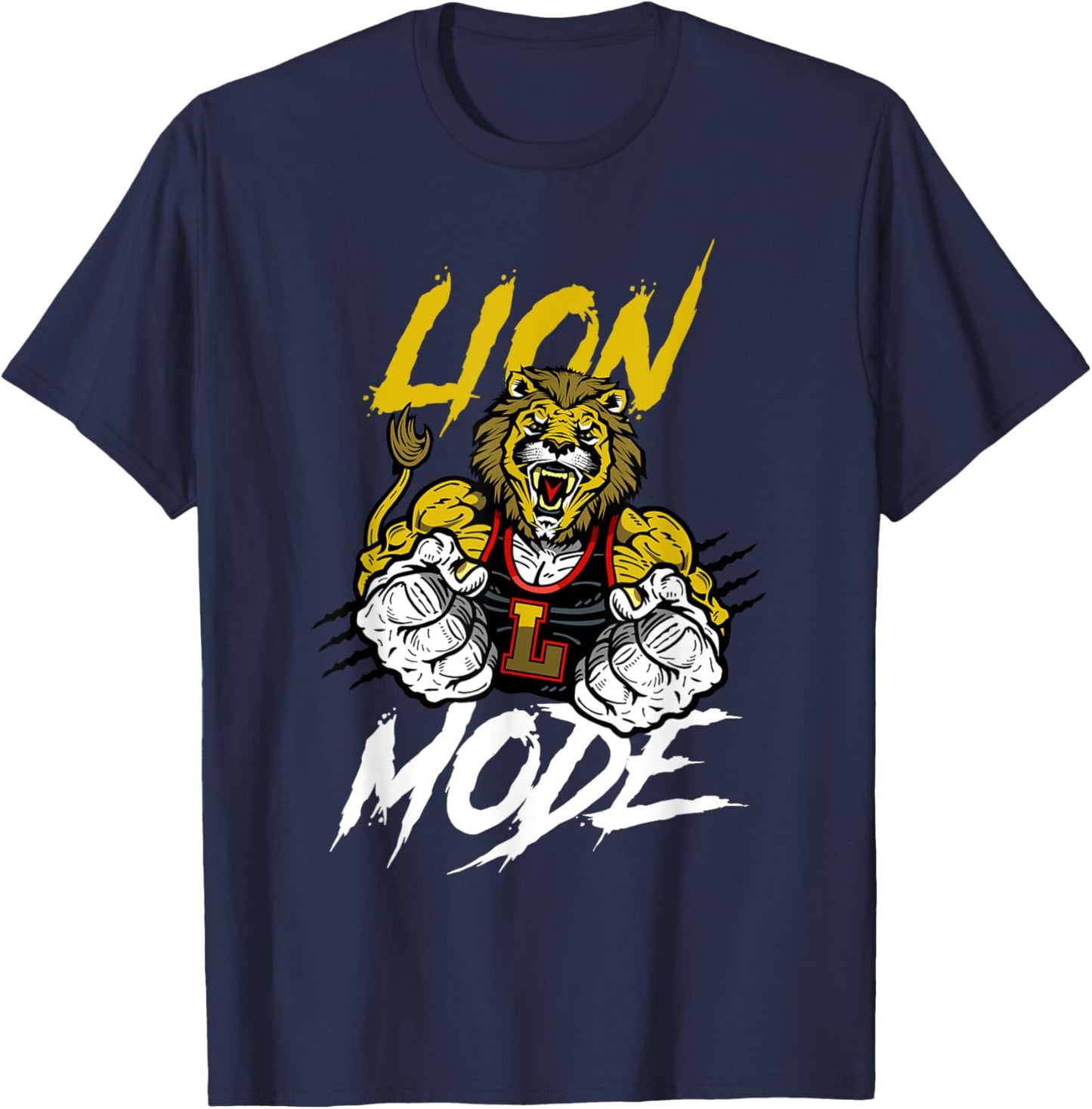 Lion Mode Big Biceps Strong Lion Weightlifting Gym Workout T-Shirt - T-Shirt | Navy