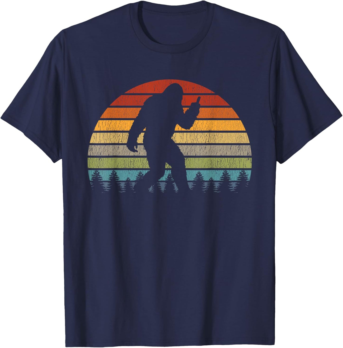 Retro Bigfoot Middle Finger Silhouette Sasquatch Sunset T-Shirt - T-Shirt | Navy