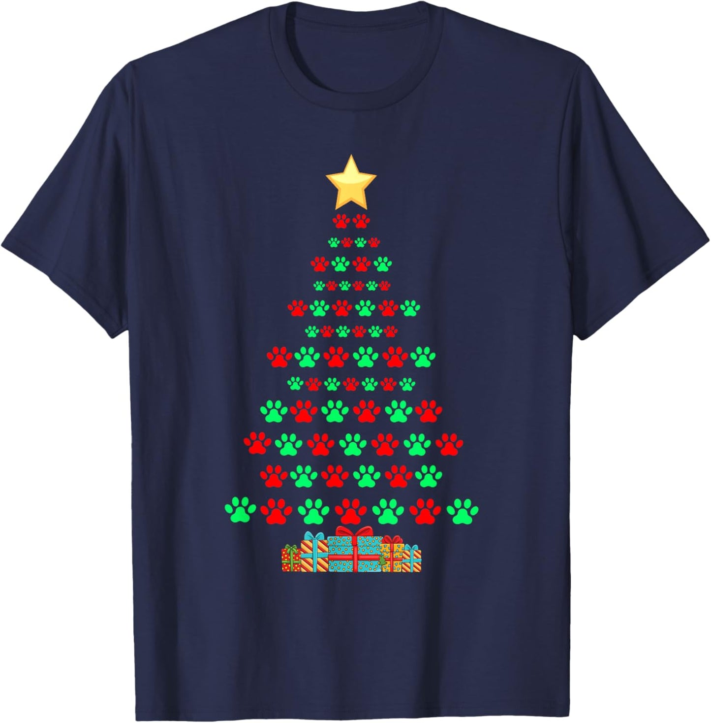 Super Cute Dog Paws Print Christmas Tree T-Shirt - T-Shirt | Navy