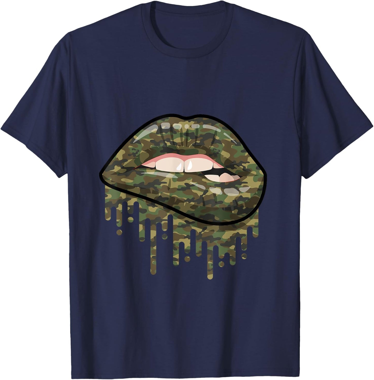 Camouflage Lips Mouth Military Kiss Me Biting Camo Kissing T-Shirt - T-Shirt | Navy