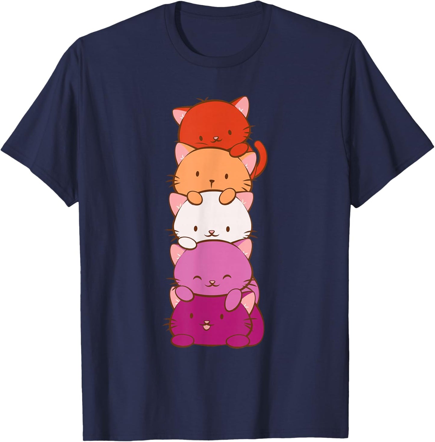 Orange Pink Lesbian Pride Flag Cute Kawaii Cat T-Shirt - T-Shirt | Navy