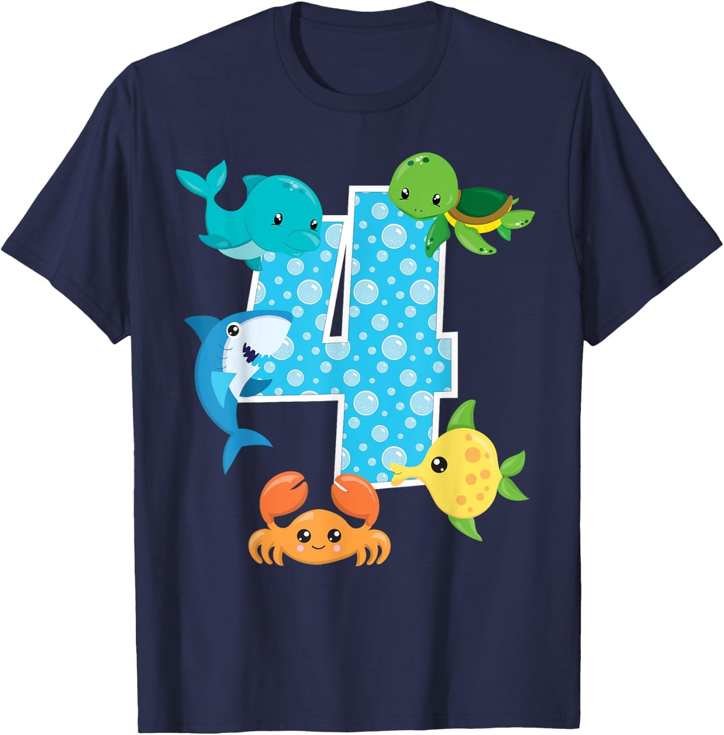 4th Birthday Party 4 Year Old Sea Fish Aquarium Birthday Boy T-Shirt - T-Shirt | Navy