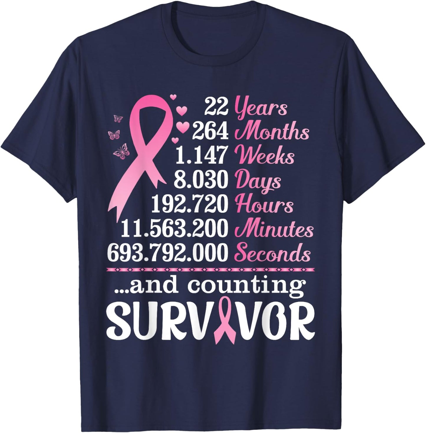 22 Years 264 Months Fighting Breast Cancer Counting Survivor T-Shirt - T-Shirt | Navy