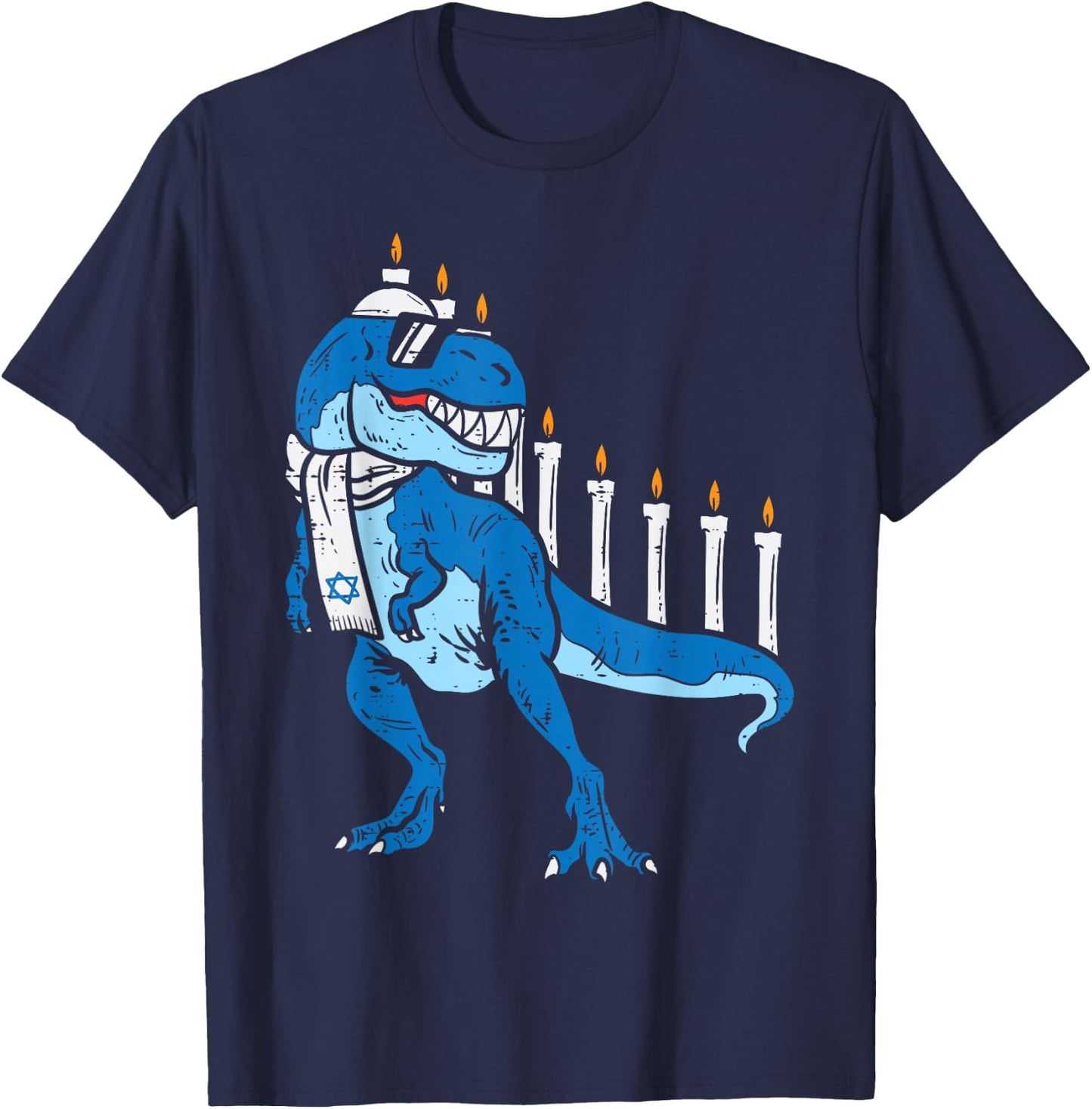 BoredKoalas Hanukkah Shirts Jew Chanukah Gifts Trex Dinosaur Menorah Kids Boys Black Short Sleeve Classic Fit Cotton Polyester T-Shirt - T-Shirt | Navy