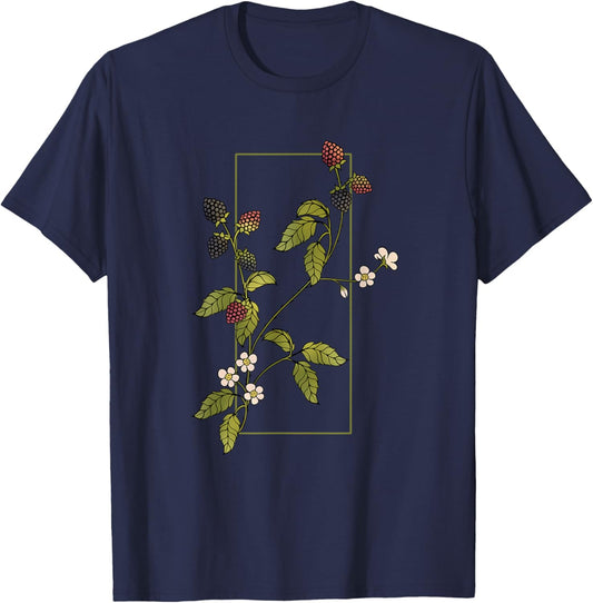 Blackberries Branch with Leaves and Blossoms T-Shirt - T-Shirt | Navy