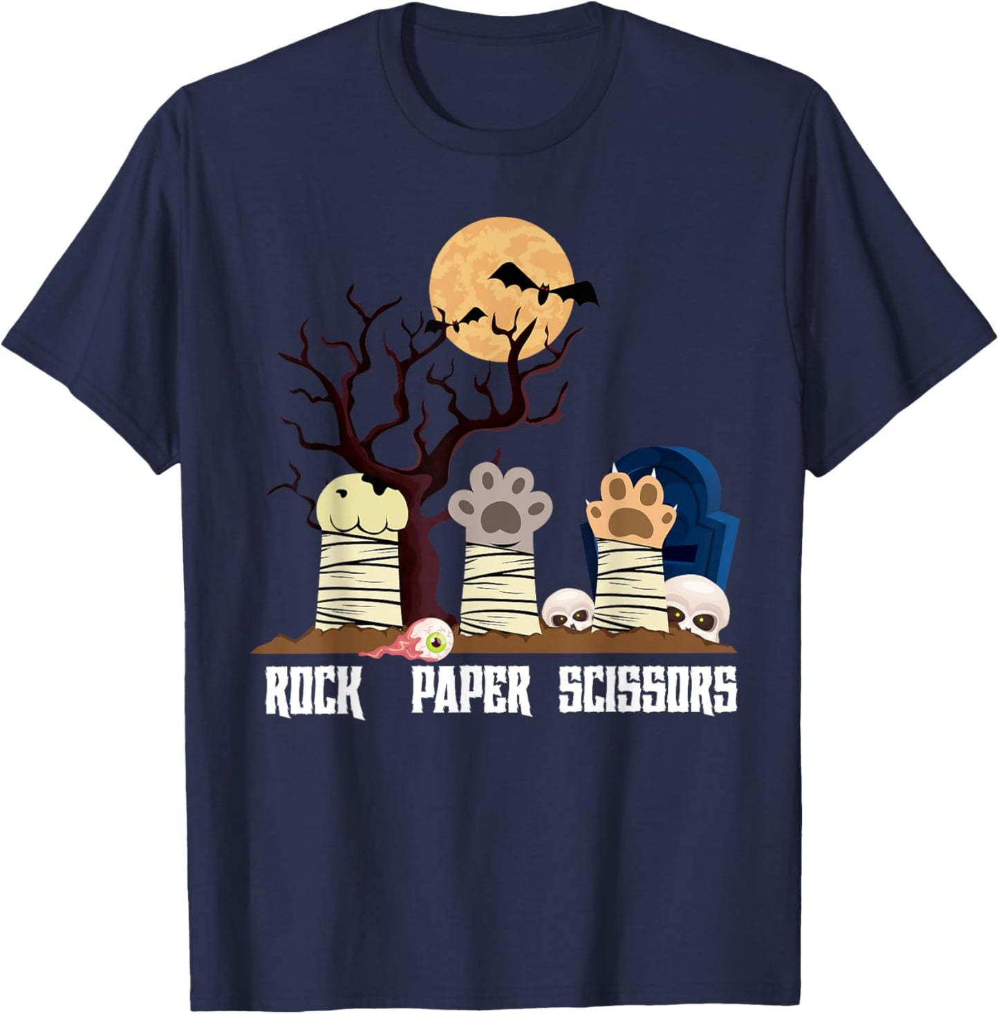 Rock Paper Scissors Animal Meme Halloween Zombie Cat Men Women Kids T-Shirt - T-Shirt | Navy