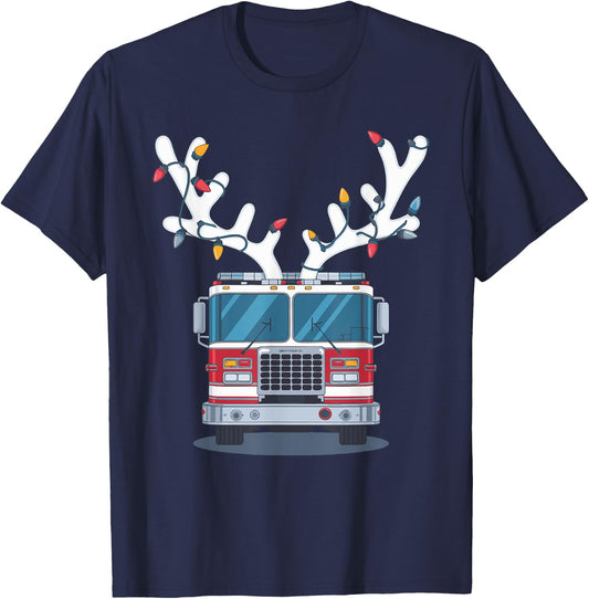 Christmas Firetruck Firefighter Xmas -Adult , Black, Small, Short Sleeve T-Shirt - T-Shirt | Navy