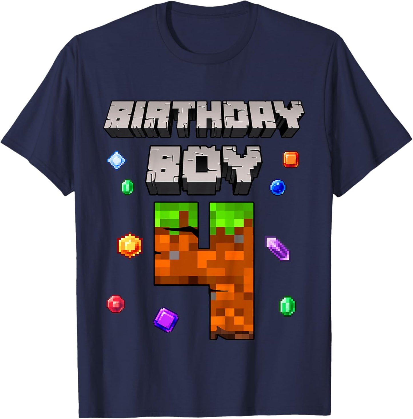 Kids 4th Birthday Boy 4 Video Gamer Pixel Number Four Bday Party T-Shirt - T-Shirt | Navy
