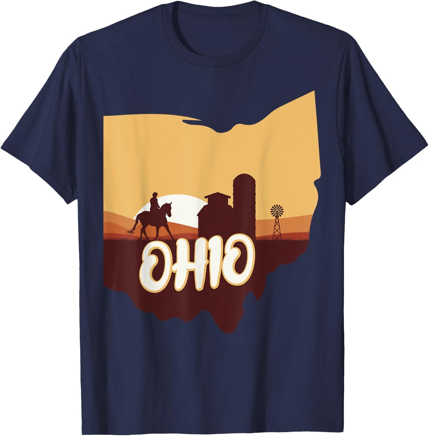 Ohio Map Horse Riding Cowboy Barn Windmill Ohio Souvenirs T-Shirt - T-Shirt | Navy