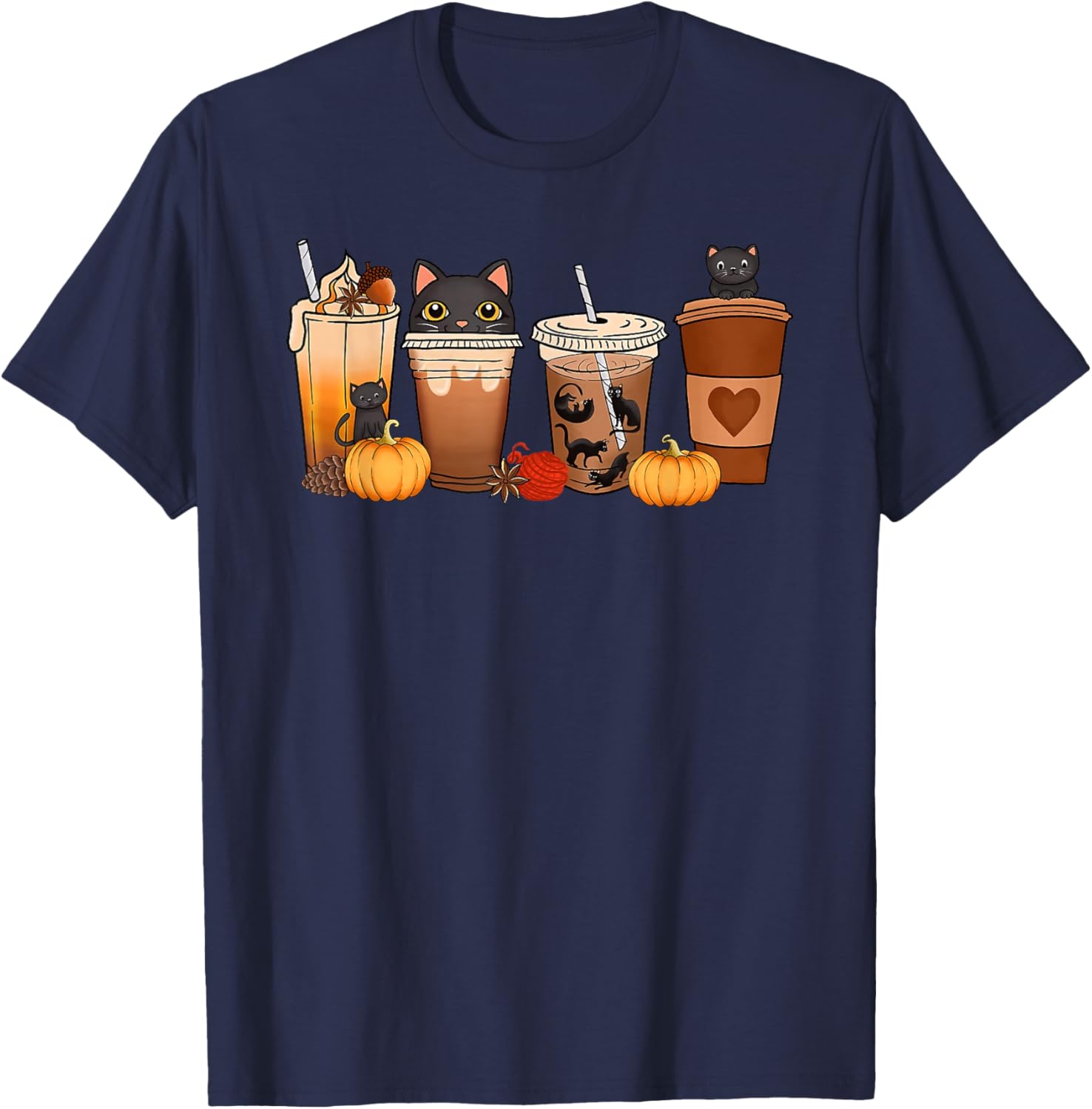 Black Cat Halloween Iced Coffee Cups Fall Pumpkin Kitten Women Kids T-Shirt - T-Shirt | Navy