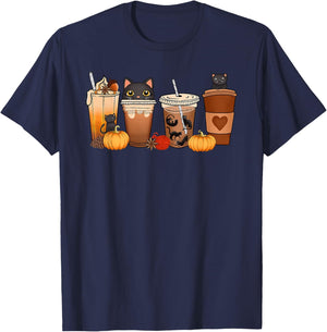 Black Cat Halloween Iced Coffee Cups Fall Pumpkin Kitten Women Kids T-Shirt - T-Shirt | Navy