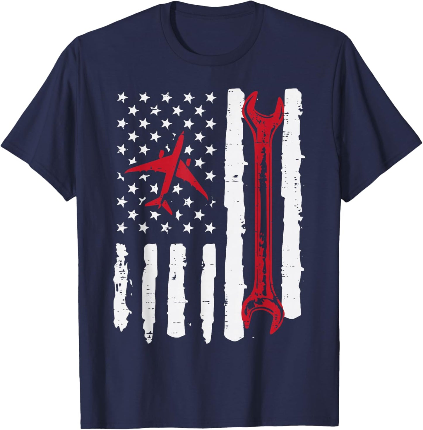 US Flag Aircraft Mechanic Wrench Aviation Patriot Women Men T-Shirt - T-Shirt | Navy