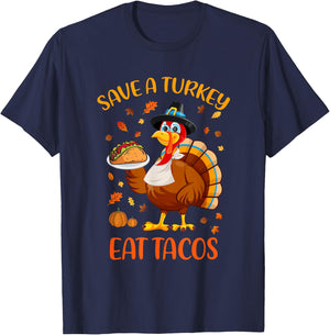 Save A Turkey Eat Tacos Funny Thanksgiving Men Women Kids T-Shirt - T-Shirt | Navy