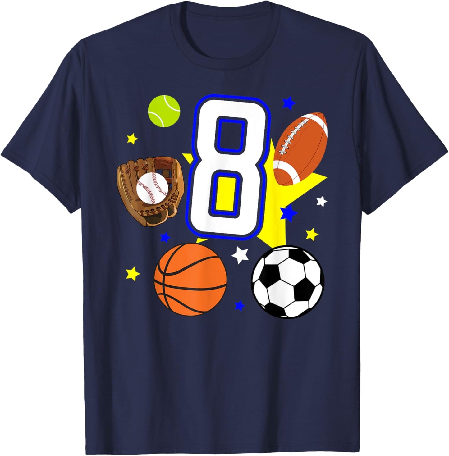 8th Birthday Sports Birthday Theme 8 Year Old Boy T-Shirt - T-Shirt | Navy