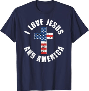 I Love Jesus And America USA Flag Christian Freedom T-Shirt - T-Shirt | Navy