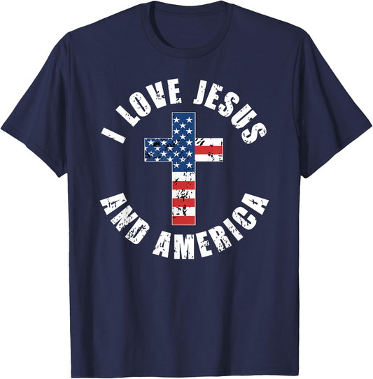 I Love Jesus And America USA Flag Christian Freedom T-Shirt - T-Shirt | Navy