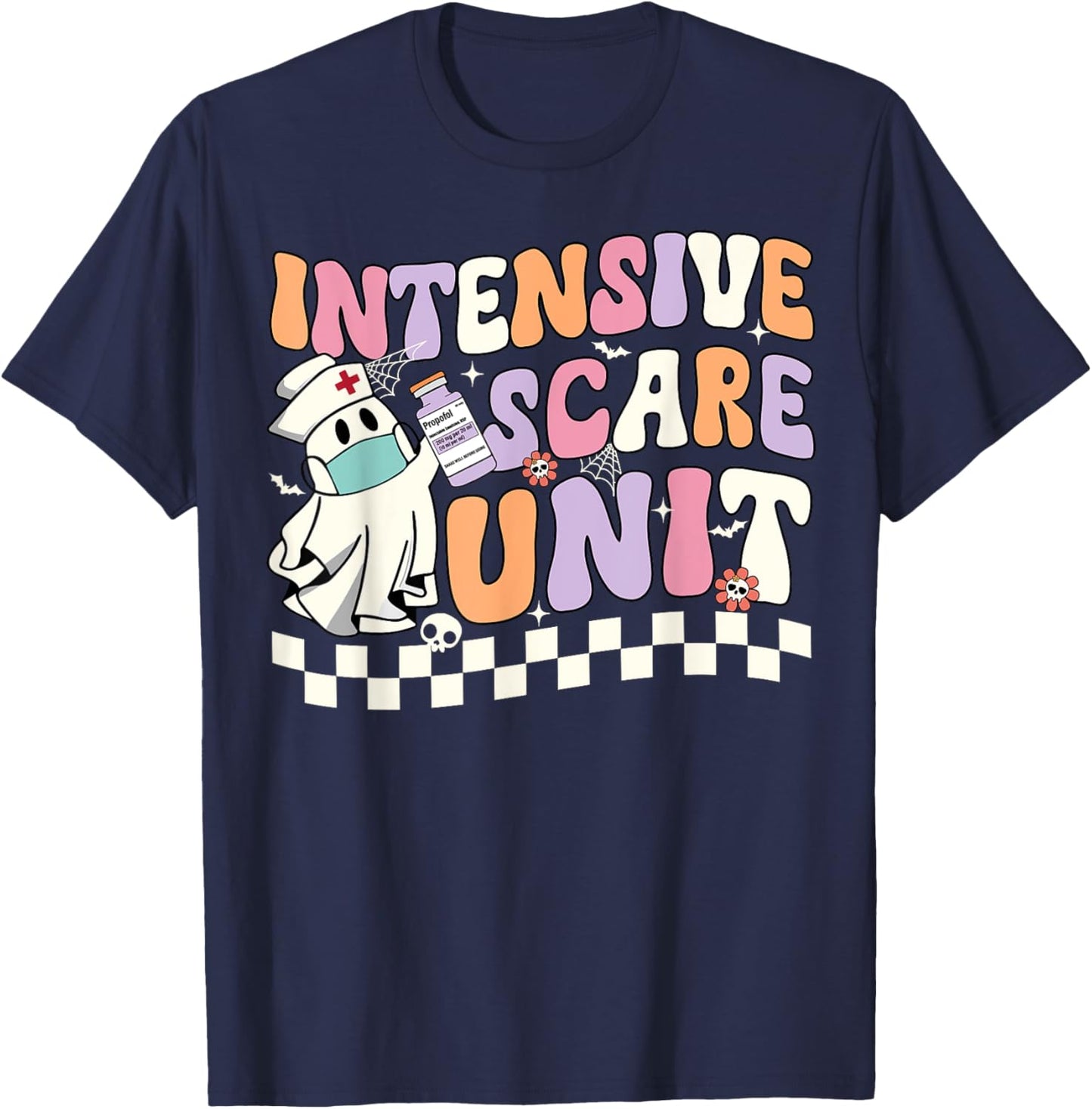 Intensive Scare Unit Nurse Halloween ICU Nurse Ghost Retro T-Shirt - T-Shirt | Navy