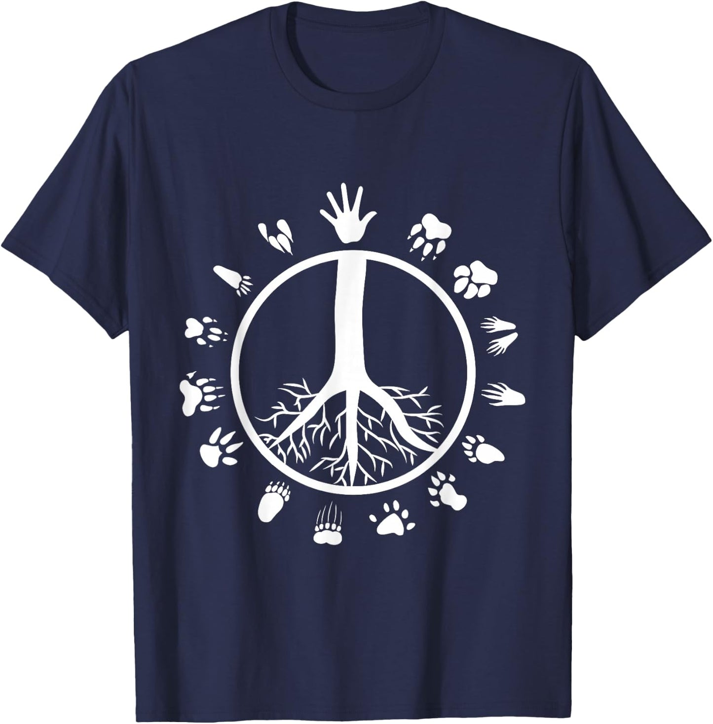 Peace Sign Tree Roots Animal Footprints Vegan T-Shirt - T-Shirt | Navy