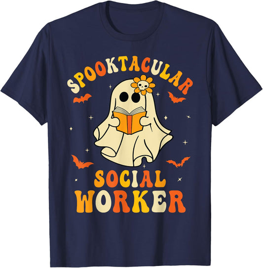 Spooktacular School Social Worker Halloween Ghost Spooky T-Shirt - T-Shirt | Navy
