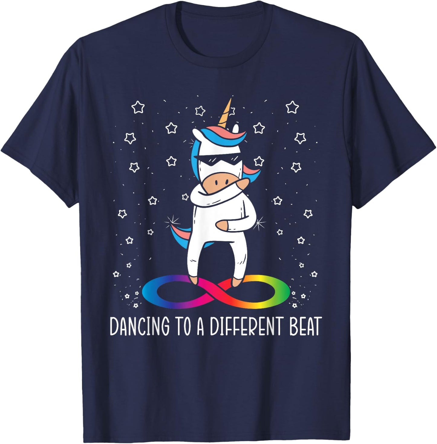 Dancing To A Different Beat Neurodiversity Unicorn Rainbow T-Shirt - T-Shirt | Navy