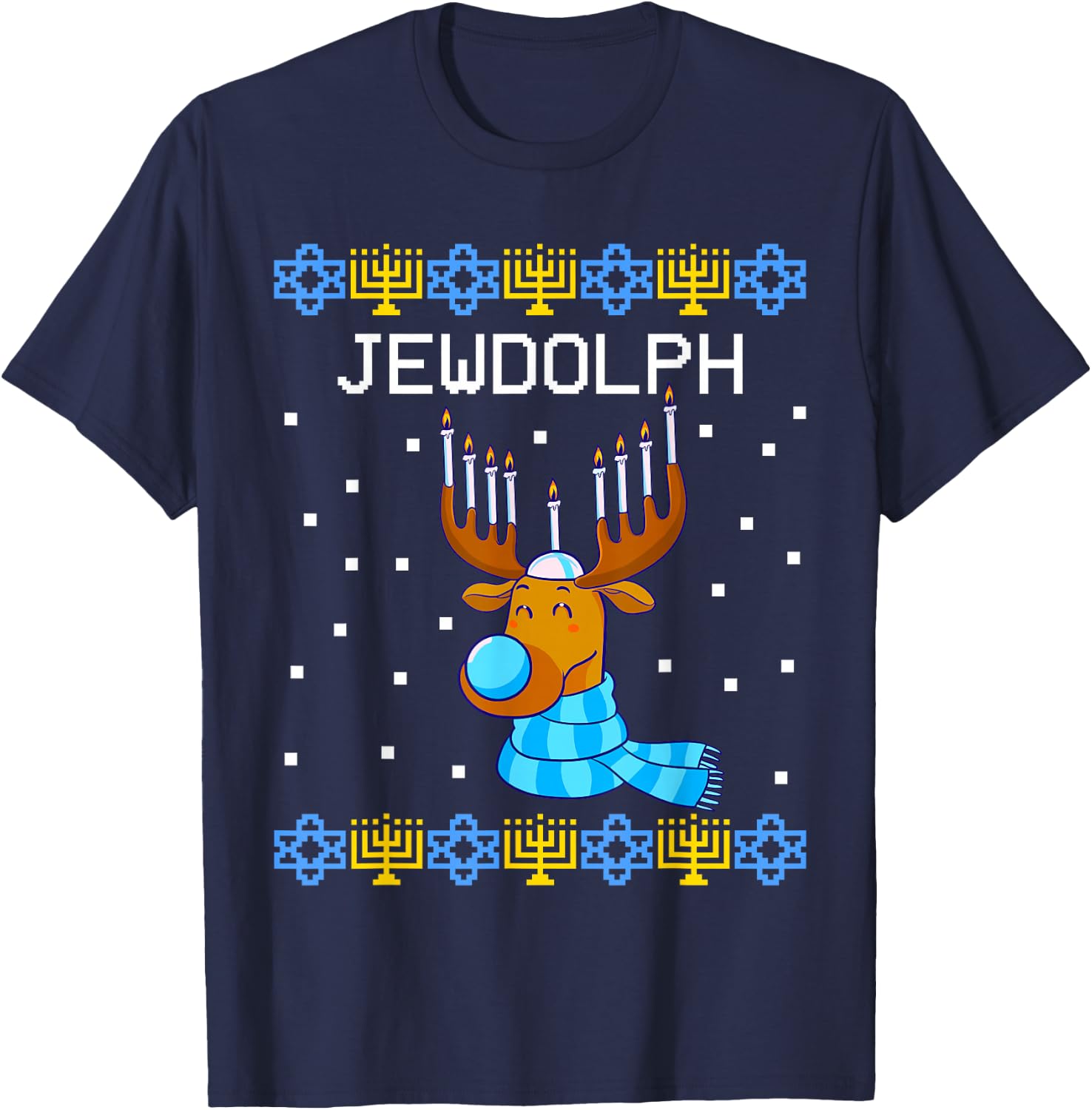 Jewdolph Ugly Hanukkah Sweater Reindeer Menorah Chanukah T-Shirt - T-Shirt | Navy