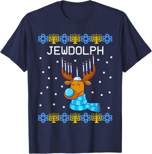 Jewdolph Ugly Hanukkah Sweater Reindeer Menorah Chanukah T-Shirt - T-Shirt | Navy
