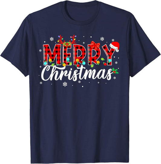 Merry Christmas Buffalo Plaid Red Santa Family Matching Xmas T-Shirt - T-Shirt | Navy